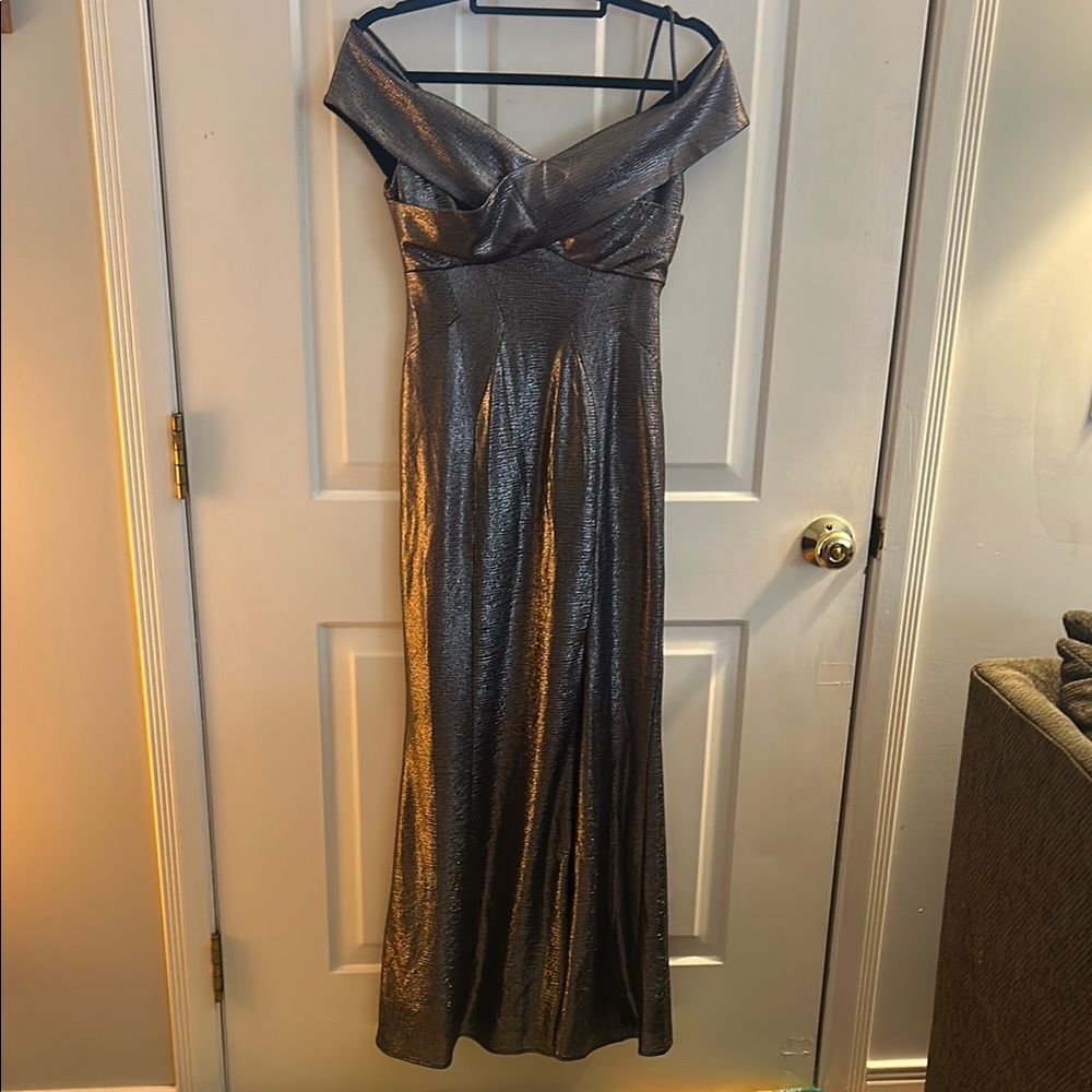 Elegant Silver Metallic Off-Shoulder Dress